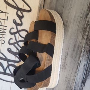 Black elastic strap platform sandals. Size 8.5, Qupid Brand